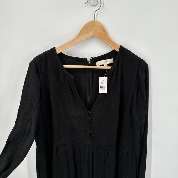 LOFT NWT Black Swing Tiered Button Front Long Sleeve Midi Dress // M - Picture 6 of 8